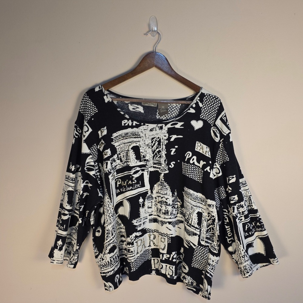 Jane Ashley Paris Graphic Top Womens 3X Black White Rhinestone 3/4 Sleeve Cotton